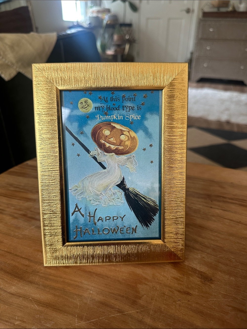 Halloween pumkin spice witch in Gold Frame  4x6 , frame measures 7.5 x 5.5